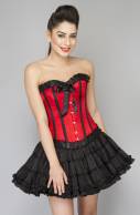 Red Satin Black Frill Overbust Top & Cotton Silk & Skirt Corset Dress
