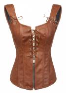 Brown Faux Leather Zipper N Lacing Gothic Waist Training Lingerie Overbust Corset Costume