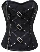 Black Brocade Zigzag Leather Straps Gothic Bustier Period Costume Waist Training Vintage Overbust Corset Top