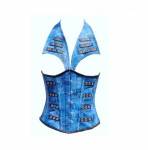 Blue Denim Print Leather with Collar Style Underbust Corset Top