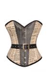 Retro Vintage Newspaper Print Cotton & Satin Central Panel Leather Belt Gothic Overbust Corset Costume