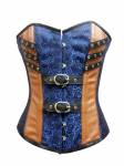 Blue Brocade Brown Leather Gothic Bustier Waist Training Overbust Corset Costume