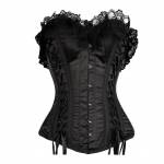 Women's Black Satin Frills N Lacing Gothic Bustier Waist Training Costume Overbust Corset Top