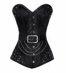 Black Satin Leather Belt & Patches Gothic Bustier Waist Training Victorian Overbust Corset Costume