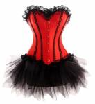 Red Satin Black Tutu Skirt Gothic Bustier Waist Training Lingerie Costume Overbust Corset Dress