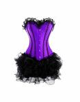 Purple Satin Black Tissue Tutu Skirt Gothic Bustier Waist Training Costume Overbust Corset Dress