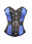 Women’s Blue Black Satin Leather Straps Gothic Waist Training Bustier Steampunk Overbust Corset Costume