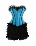 Blue Satin Black Frill Tutu Skirt Gothic Bustier Waist Training Steampunk Costume Overbust Corset Dress