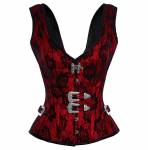 Women's Red Satin Net Covered Shoulder Strap Gothic Bustier Waist Training Overbust Corset Costume