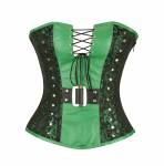 Women’s Green Black Brocade & Faux Leather Gothic Steampunk Bustier Waist Training Overbust Corset Costume