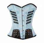 Turquoise Satin Black Leather Straps Gothic Steampunk Bustier Waist Training Overbust Corset Top