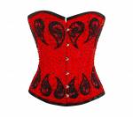 Women’s Red Satin Black Sequins Gothic Burlesque Bustier Waist Training Overbust Corset Costume