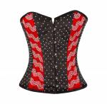 Women’s Red Black Satin & Handmade Sequins Gothic Steampunk Waist Training Bustier Burlesque Overbust Corset Costume
