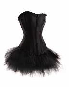 Black Satin & Tutu Skirt Burlesque Waist Training Costume Overbust Corset Dress Black Satin & Tutu Skirt Burlesque Waist Training Costume Overbust Corset Dress