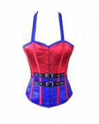 Red and Blur Poly Satin Shoulder Strap Burlesque Bustier Waist Training Overbust Corset Top Red and Blur Poly Satin Shoulder Strap Burlesque Bustier Waist Training Overbust Corset Top