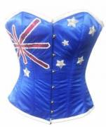 Women's Blue Satin Australia Flag Sequins Handwork Bustier Waist Training Overbust Corset Costume Women's Blue Satin Australia Flag Sequins Handwork Bustier Waist Training Overbust Corset Costume