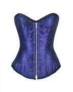 Blue Brocade Double Bone Gothic Bustier Waist Training Overbust Corset Costume Blue Brocade Double Bone Gothic Bustier Waist Training Overbust Corset Costume