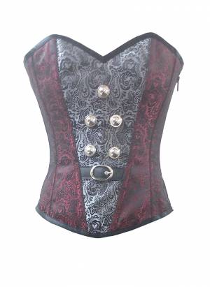 Red Black Silver Brocade with a Leather Belt Gothic Waist Training Bustier Overbust Corset Costume