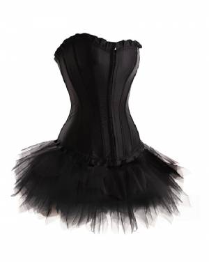 Black Satin Black Tutu Skirt Gothic Bustier Waist Training Costume Overbust Corset Dress