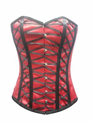 Red Satin Black Bondage Lacing Gothic Bustier Waist Training Steampunk Overbust Corset Costume