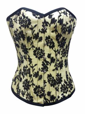 Yellow Satin Black Tissue Flocking Gothic Bustier Waist Training Vintage Overbust Corset Costume
