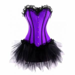 Purple Satin Black Tutu Skirt Gothic Bustier Waist Training Costume Vintage Overbust Corset Dress