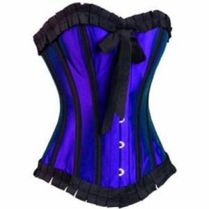 Women's Blue Satin Black Frill Gothic Retro Bustier Waist Training Overbust Corset Costume