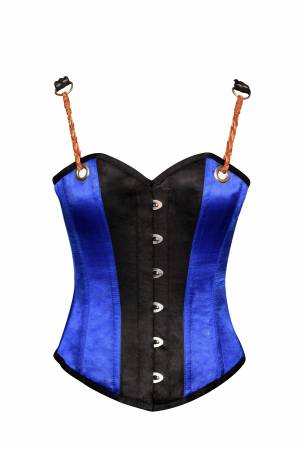 Blue Black Satin Leather Shoulder Straps Gothic Waist Training Lingerie Bustier Overbust Corset Costume