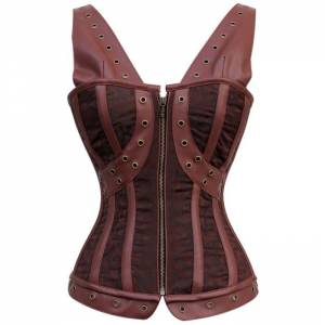 Brown Brocade Leather Shoulder Straps Gothic Bustier Period Costume Waist Training Steampunk Overbust Corset Top