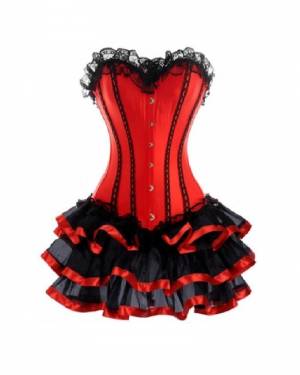 Red Satin Black Frill Tutu Skirt Gothic Bustier Waist Training Costume Overbust Corset Dress