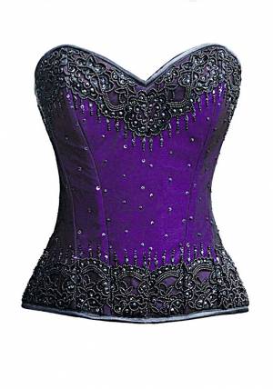 Purple Satin Handmade Sequined Gothic Bustier Waist Training Overbust Steel Boned Corset Costume